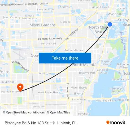 Biscayne Bd & Ne 183 St to Hialeah, FL map