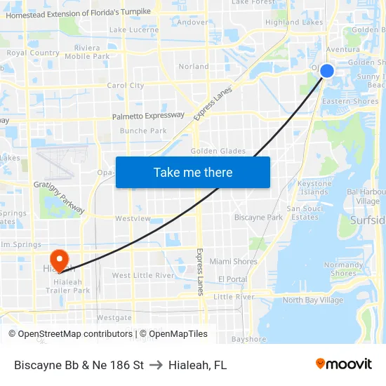 Biscayne Bb & Ne 186 St to Hialeah, FL map