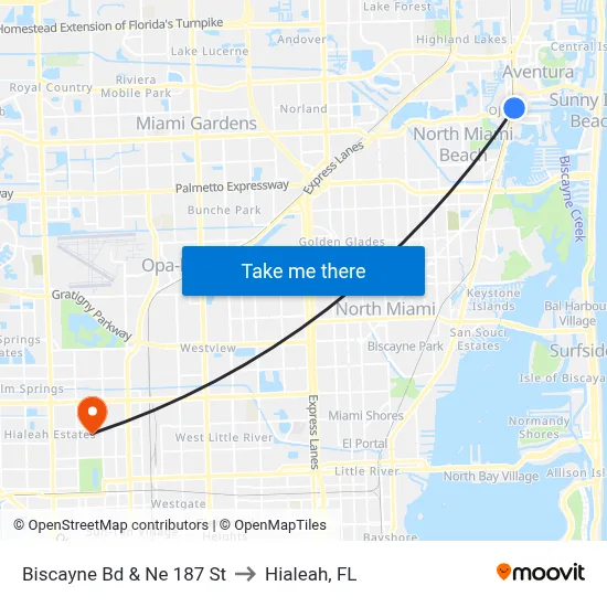 Biscayne Bd & Ne 187 St to Hialeah, FL map