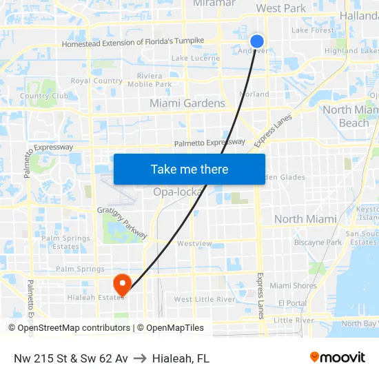 Nw 215 St & Sw 62 Av to Hialeah, FL map