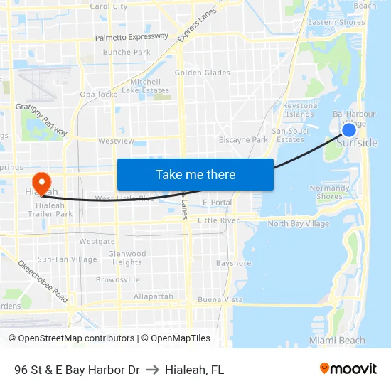 96 St & E Bay Harbor Dr to Hialeah, FL map