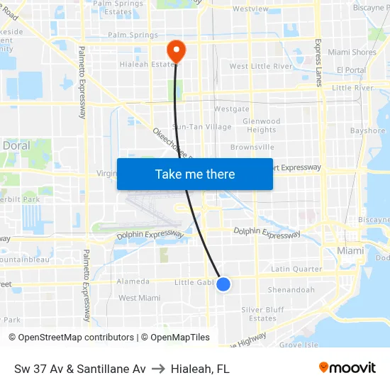 Sw 37 Av & Santillane Av to Hialeah, FL map