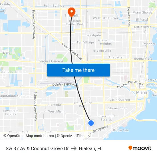 Sw 37 Av & Coconut Grove Dr to Hialeah, FL map
