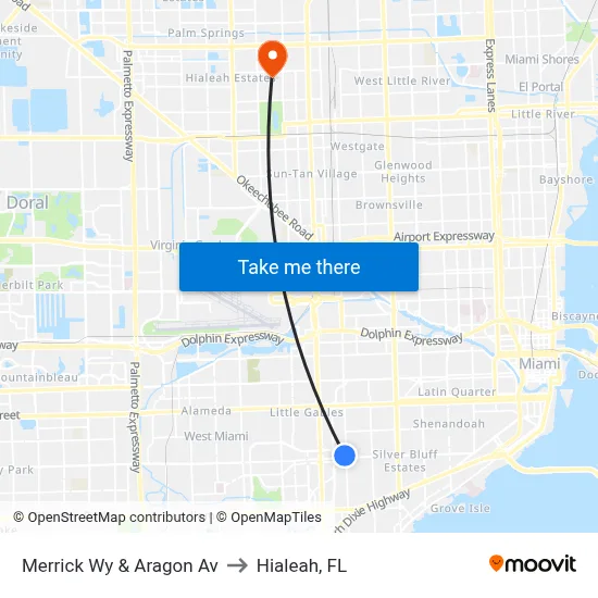 Merrick Wy & Aragon Av to Hialeah, FL map