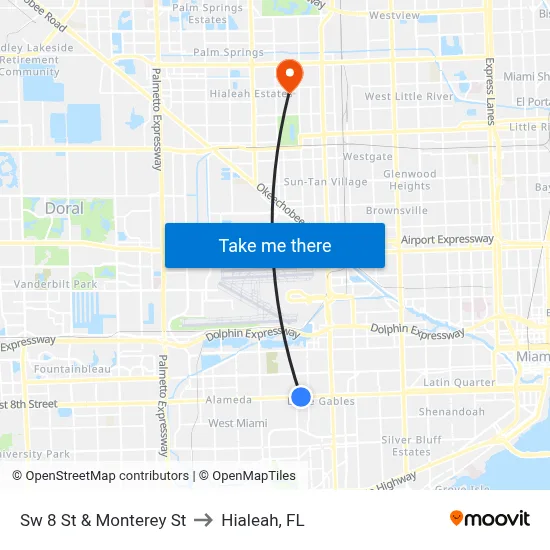Sw 8 St & Monterey St to Hialeah, FL map