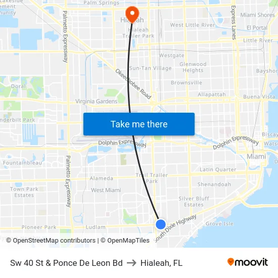 Sw 40 St & Ponce De Leon Bd to Hialeah, FL map