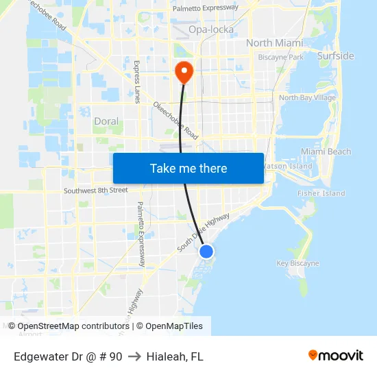 Edgewater Dr @ # 90 to Hialeah, FL map
