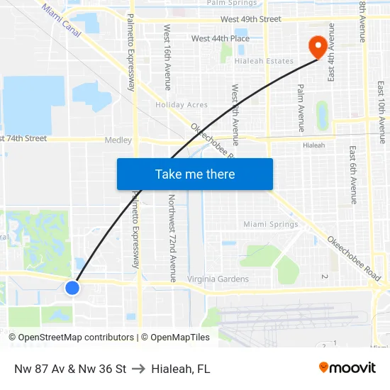 Nw 87 Av & Nw 36 St to Hialeah, FL map