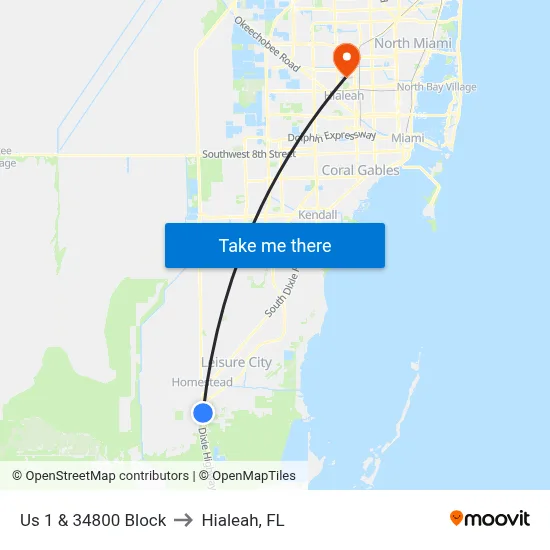 Us 1 & 34800 Block to Hialeah, FL map