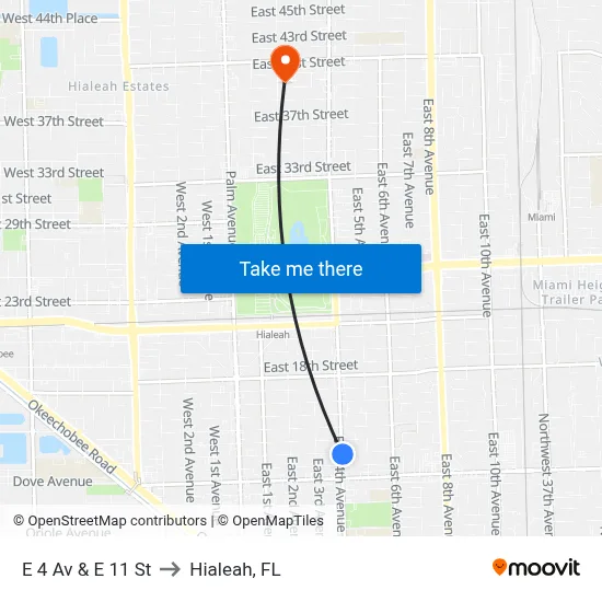 E 4 Av & E 11 St to Hialeah, FL map