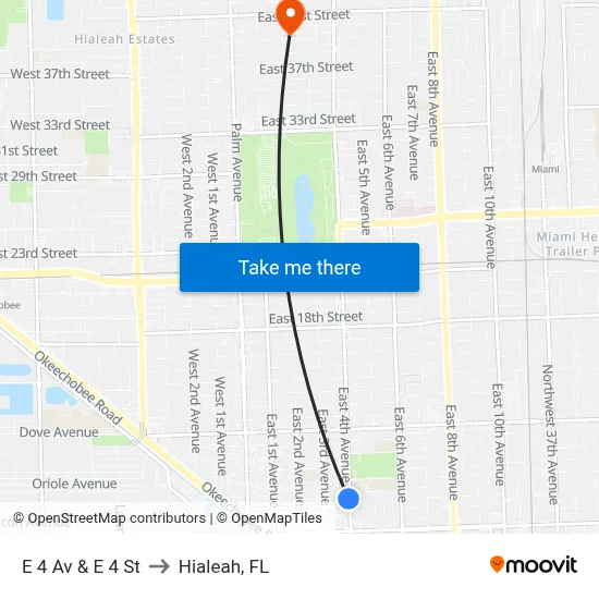 E 4 Av & E 4 St to Hialeah, FL map