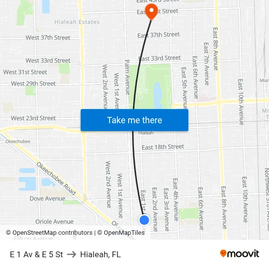 E 1 Av & E 5 St to Hialeah, FL map
