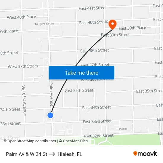 Palm Av & W 34 St to Hialeah, FL map