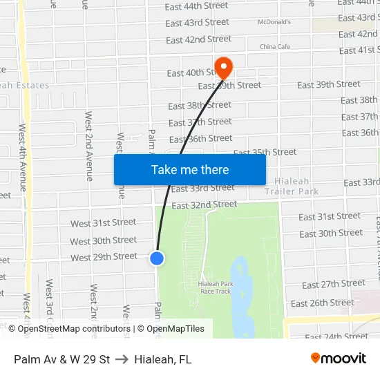 Palm Av & W 29 St to Hialeah, FL map