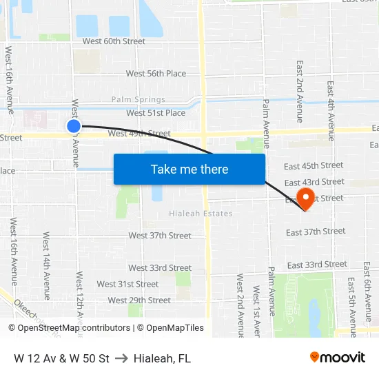 W 12 Av & W 50 St to Hialeah, FL map