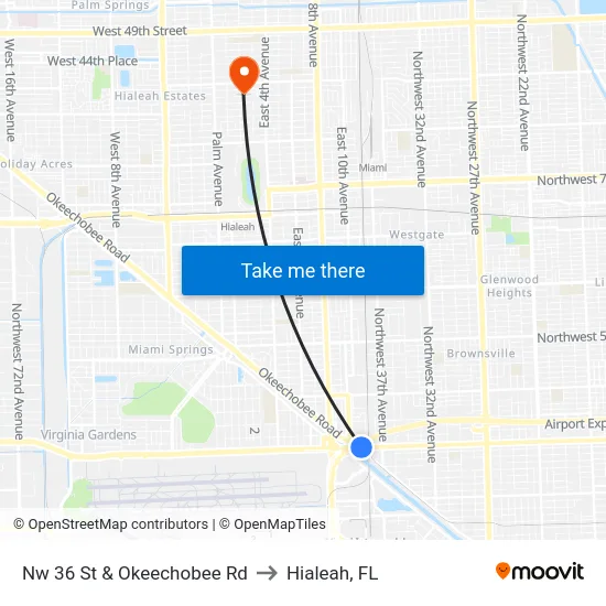 Nw 36 St & Okeechobee Rd to Hialeah, FL map