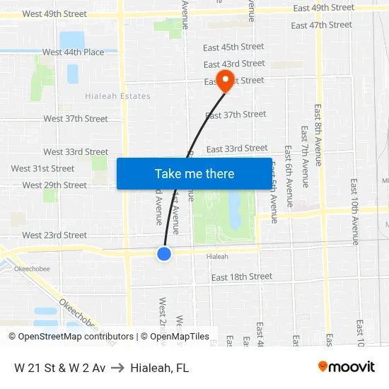 W 21 St & W 2 Av to Hialeah, FL map