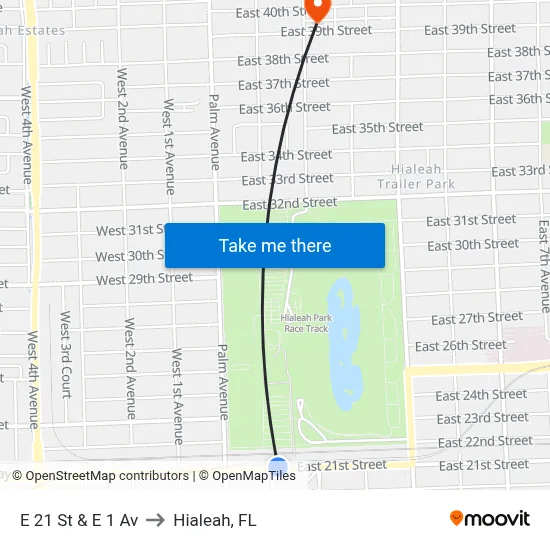 E 21 St & E 1 Av to Hialeah, FL map