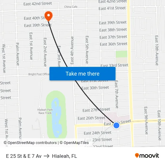 E 25 St & E 7 Av to Hialeah, FL map