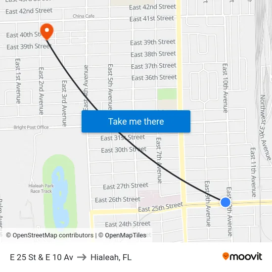 E 25 St & E 10 Av to Hialeah, FL map