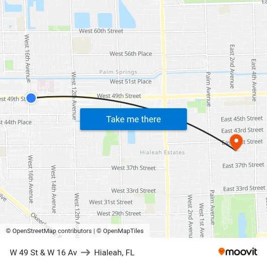 W 49 St & W 16 Av to Hialeah, FL map