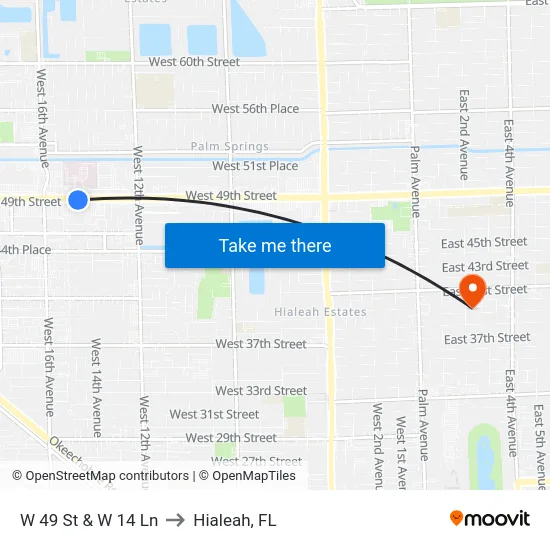 W 49 St & W 14 Ln to Hialeah, FL map