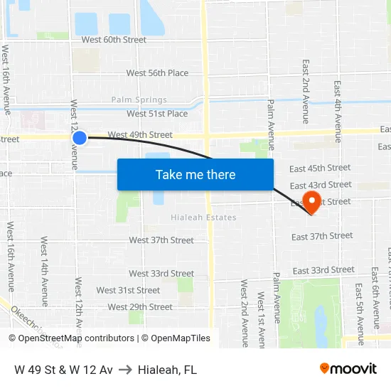 W 49 St & W 12 Av to Hialeah, FL map