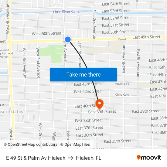 E 49 St & Palm Av Hialeah to Hialeah, FL map