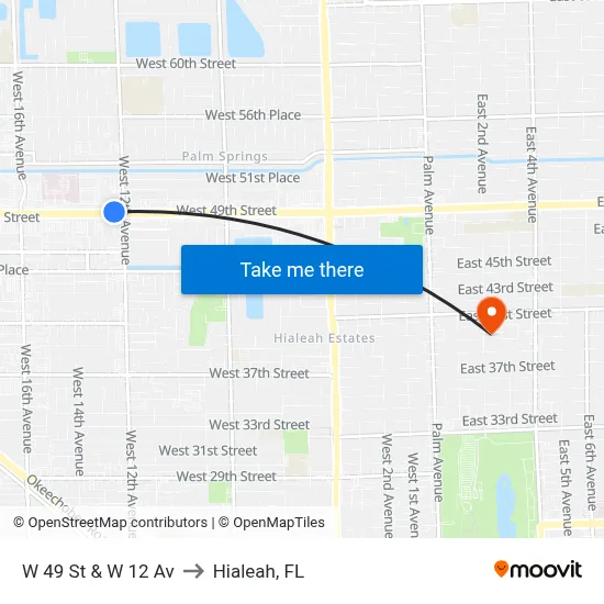W 49 St & W 12 Av to Hialeah, FL map