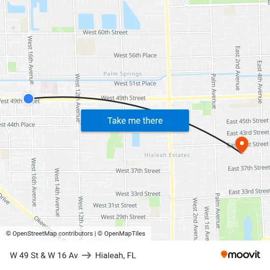 W 49 St & W 16 Av to Hialeah, FL map