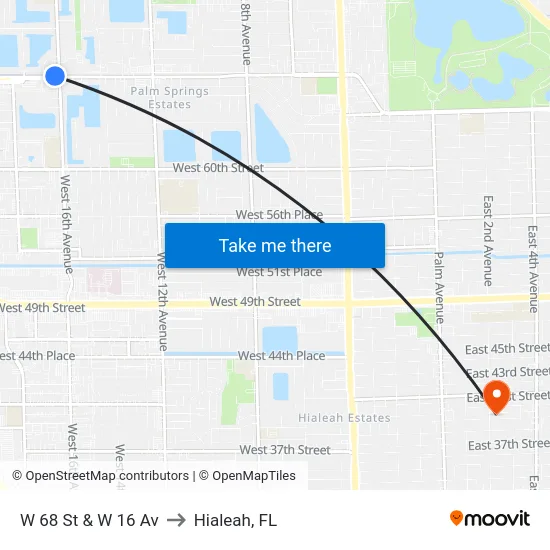 W 68 St & W 16 Av to Hialeah, FL map