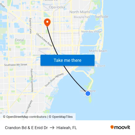 Crandon Bd & E Enid Dr to Hialeah, FL map