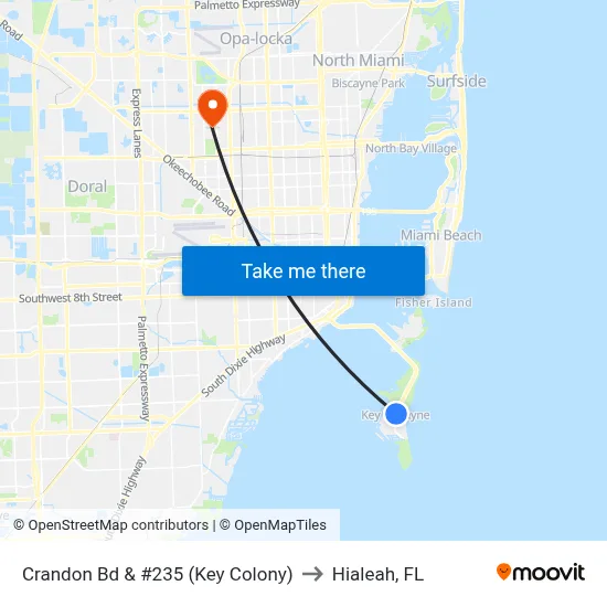 Crandon Bd & #235 (Key Colony) to Hialeah, FL map