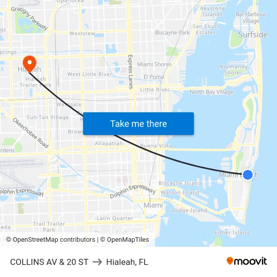 Collins Av & 20 St to Hialeah, FL map