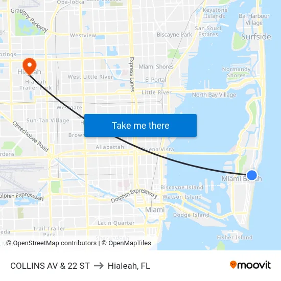 Collins Av & 22 St to Hialeah, FL map