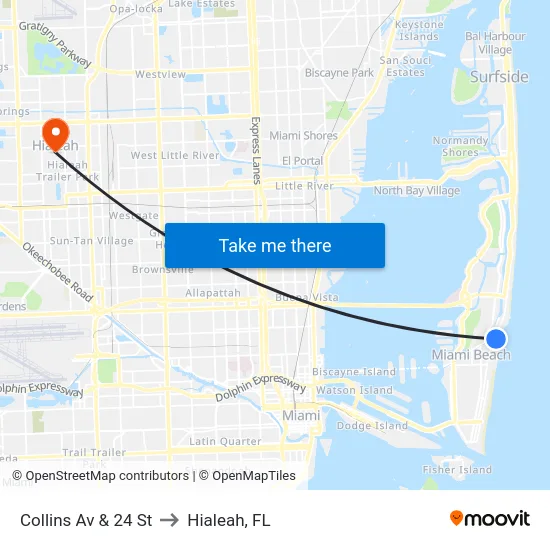 Collins Av & 24 St to Hialeah, FL map
