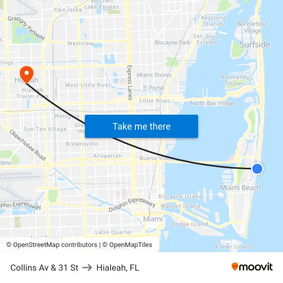 Collins Av & 31 St to Hialeah, FL map