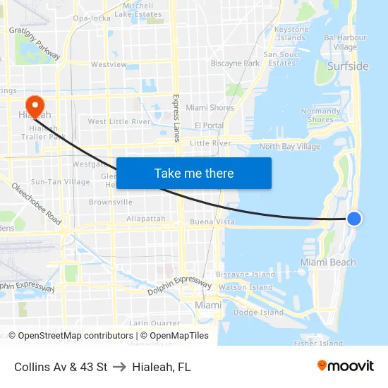 Collins Av & 43 St to Hialeah, FL map