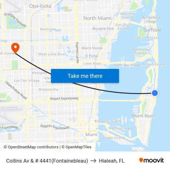 Collins Av & # 4441(Fontainebleau) to Hialeah, FL map