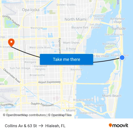Collins Av & 63 St to Hialeah, FL map
