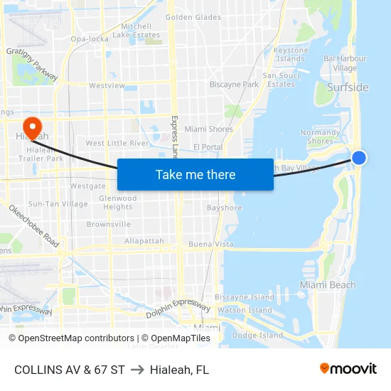 Collins Av & 67 St to Hialeah, FL map