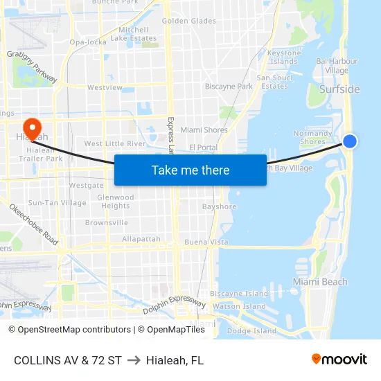 Collins Av & 72 St to Hialeah, FL map