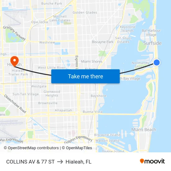 Collins Av & 77 St to Hialeah, FL map