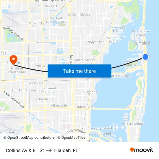 Collins Av & 81 St to Hialeah, FL map