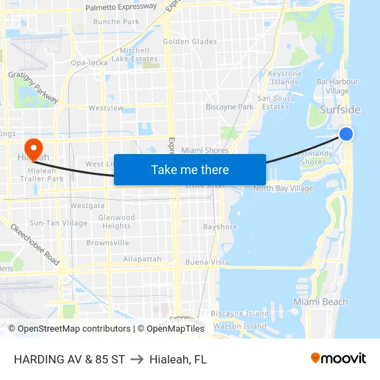 Harding Av & 85 St to Hialeah, FL map