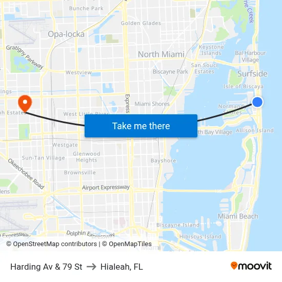 Harding Av & 79 St to Hialeah, FL map