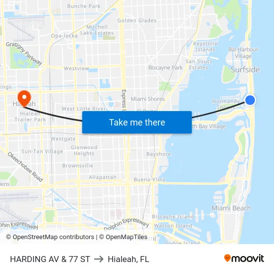 Harding Av & 77 St to Hialeah, FL map