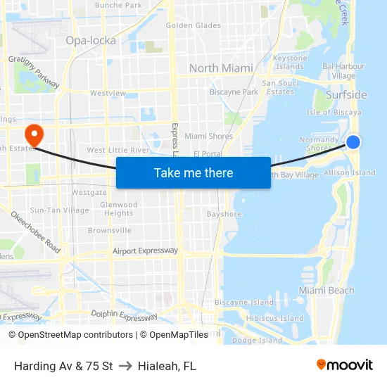 Harding Av & 75 St to Hialeah, FL map