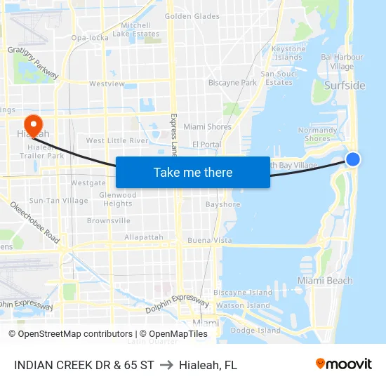 Indian Creek Dr & 65 St to Hialeah, FL map