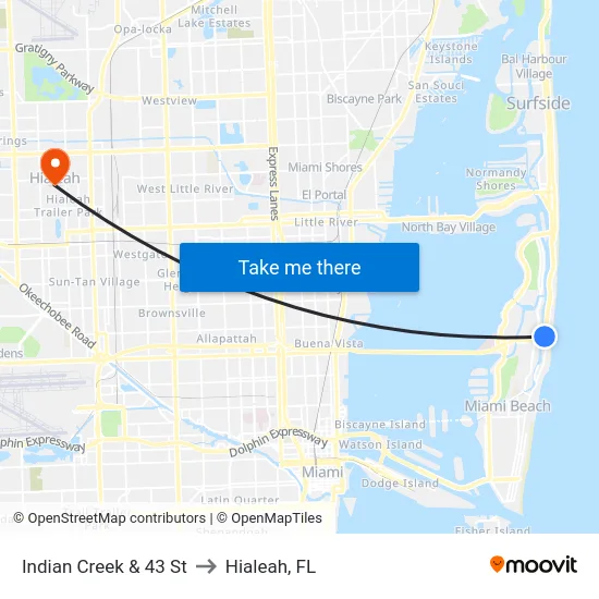 Indian Creek & 43 St to Hialeah, FL map